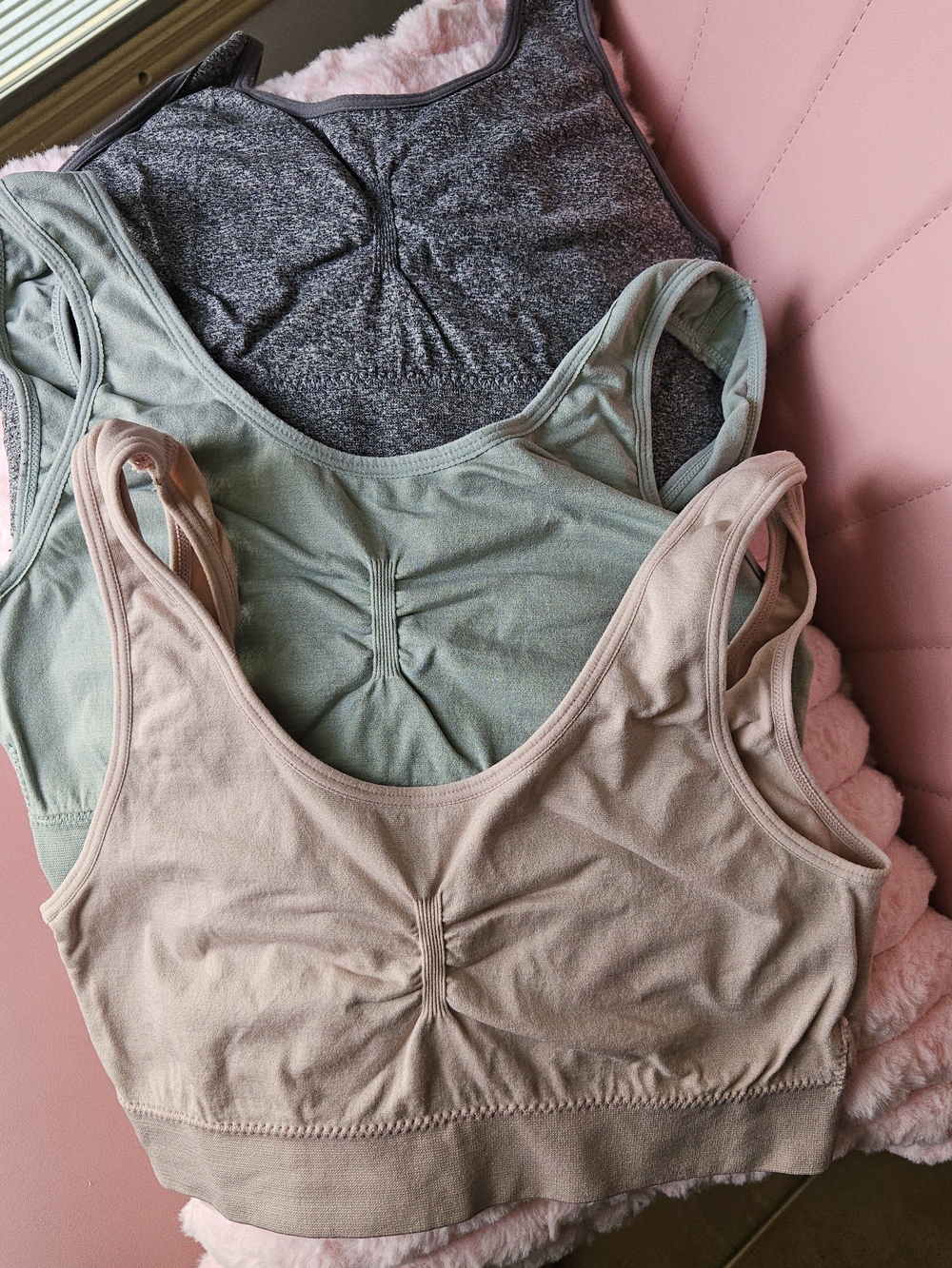 Set of 3 Seamless Ruched Front Bralettes in Blush, Sage, and Heather Gray